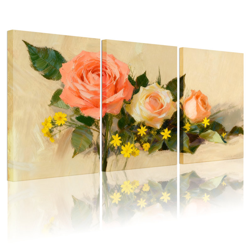 Bouquet de roses roses avec fleurs jaunes, ensemble de 3 impressions sur toile, H 18 po x l 36 po