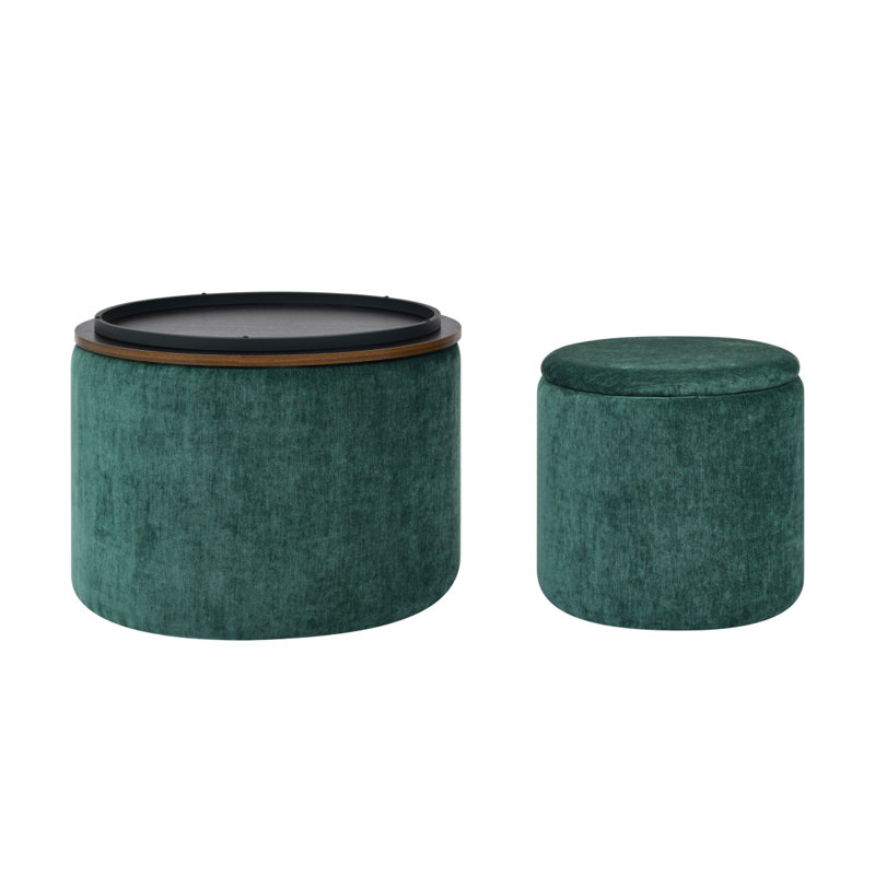 Ensemble de 2 repose-pieds ronds en chenille avec rangement, équipé d'un petit tabouret en forme de tambour, d'un espace de rangement et d'un panneau de bureau en panneau de fibres à densité moyenne (vert foncé 23,62 po x 23,62 po x 16,53 po)