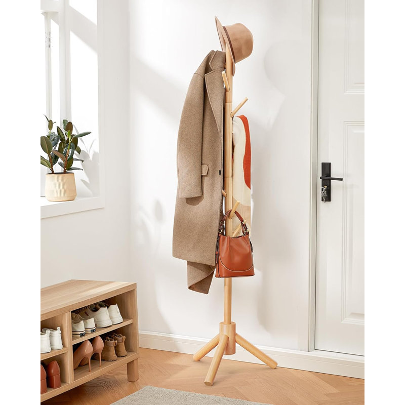 Julbe Solid Wood Freestanding 8 - Hook Coat Rack, Yellow