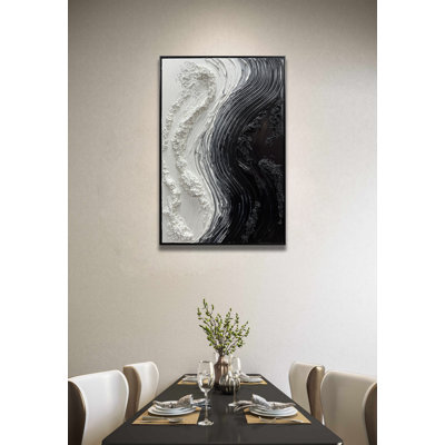 Art mural sur toile acrylique texturé noir fait à la main, peinture blanche moderne, art abstrait tendu et encadré, prêt à être accroché