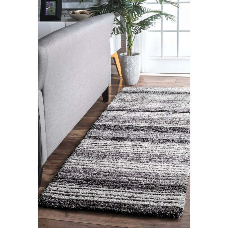 Tapis rayé multicolore gris / brun à poils longs touffeté à la main Panitz, Tapis de couloir de 2 pi 6 po x 14 pi