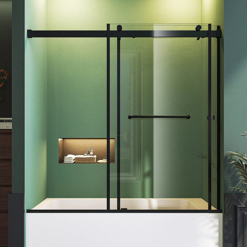 Bathtub Sliding Door 55"-60"W x 56"H 5/16" Tempered Glass Stainless Steel, Black