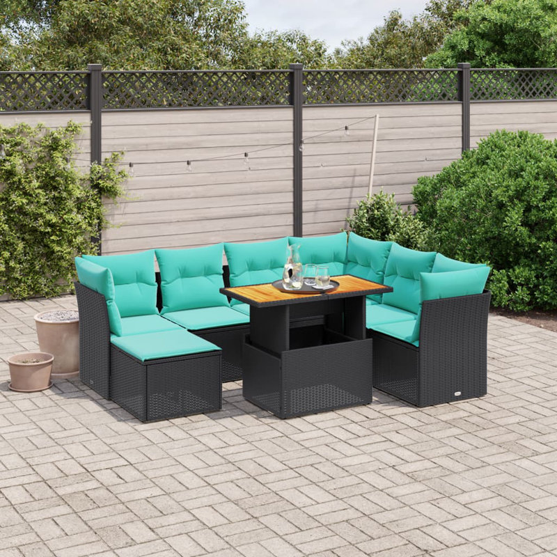  8 Piece Patio Sofa Set With Cushions Poly Rattan, Black, Green