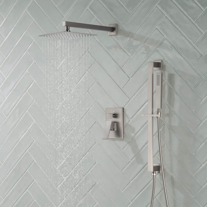 Ensemble de robinetterie de douche complet Cube à 2 fonctions avec pression équilibrée et barre de douche., Nickel brossé