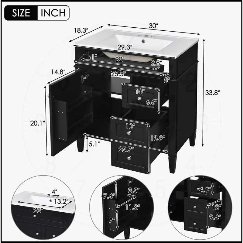 Meuble-lavabo de 30 po avec lavabo supérieur, Noir