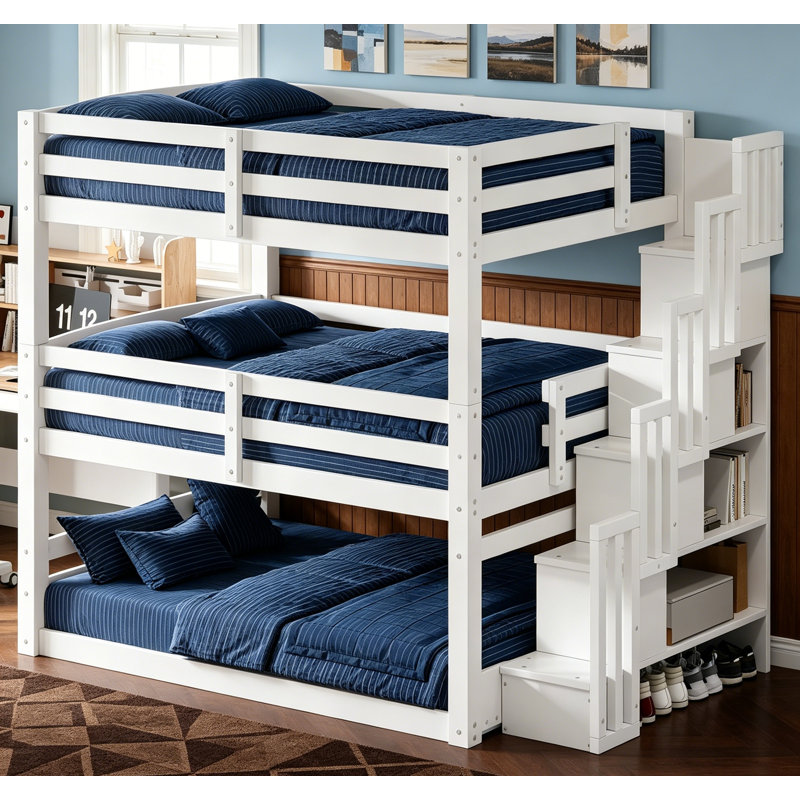 Lit superposé triple double avec escalier de rangement, conception séparée et fabrication durable pour une utilisation polyvalente