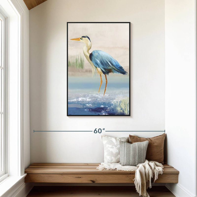 Héron sur la plage, Cadre flottant noir, 29 po x 43 po