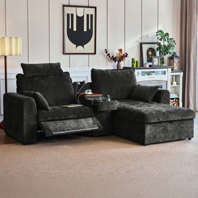 3-seater Chenille Loveseat Power Recliner Sofa With Headrest Oversized Cloud Modular Sectional Couch With Table, Drawer, Charging, And Storage Ottoman