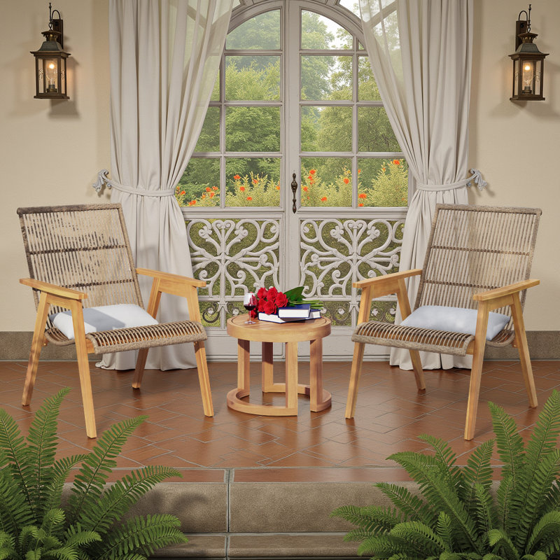 Ensemble de chaises longues d'extérieur en bois d'acacia 3 pièces avec table d'appoint, osier naturel et coussins gris clair