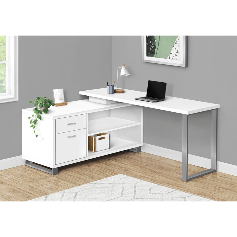 Aijalon L-Shaped Steel Computer Desk, White/Gray