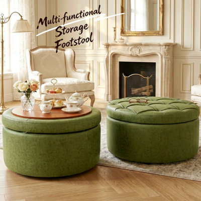 Round Storage Ottoman with Button-Tufted Faux Leather Upholstery for Living Room, Bedroom, and Home Décor – Green
