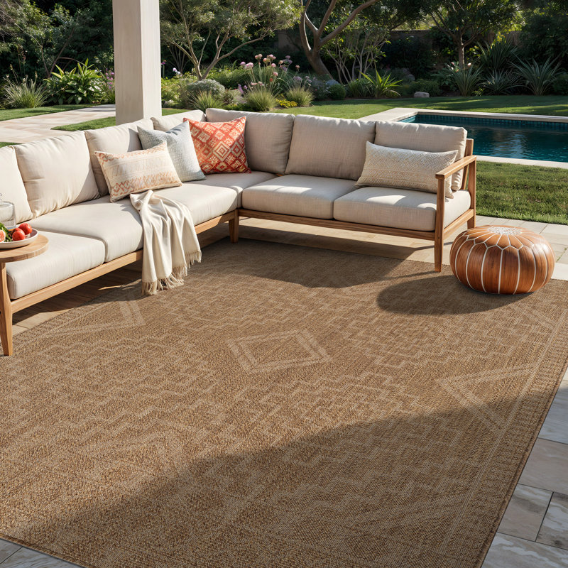 Geometric Border Sand/Natural Easy-Care Jute-Style Indoor/Outdoor Flat Woven Area Rug, Rectangle 5' x 7', Sand