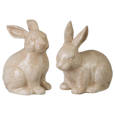 Distressed Crackle Rabbit Pair Garden Figures [12 in. W x 7 in. L x 12 in. H] & [8.5 in. W x 7 in. L x 11.5 in. H]