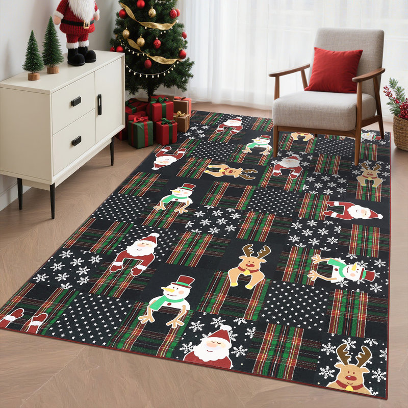 Large Machine Washable Rugs 9x12 Modern Christmas Checkered Living Room Rug, Low Pile Ultra Soft Lightweight Carpet, Foldable Non Shedding Floor Cover for Bedroom, Dining Room, Black