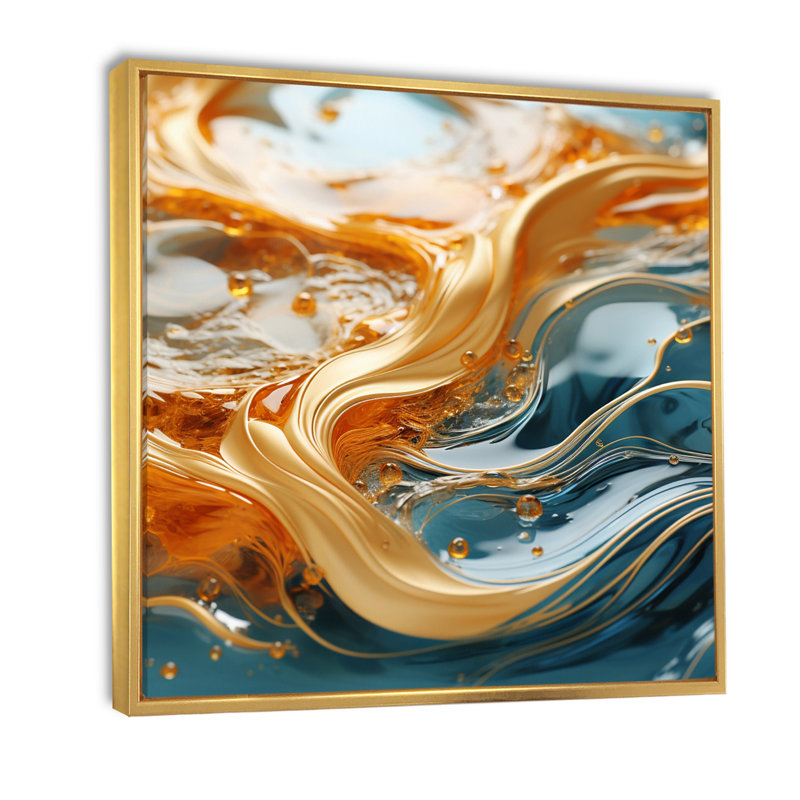 «Bold Gold Elegant Wave On Blue - Abstract Shapes», impressions d'art mural, H 30 po x l 30 po x P 1 po, Cadre flottant doré