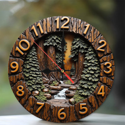 Wood Carving Wall Clock Waterfall Forest Scene