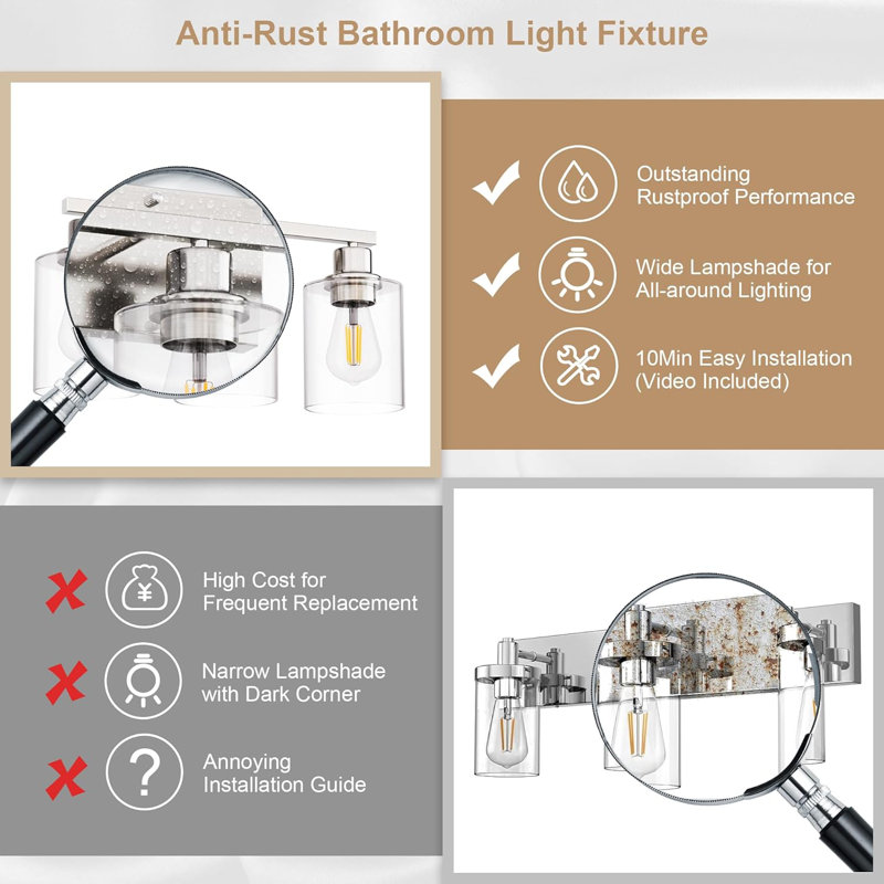 Luminaire de salle de bain moderne en nickel brossé avec abat-jour en verre transparent, applique murale à 3 lumières antirouille pour miroir, base E26, installation facile, ampoules non incluses