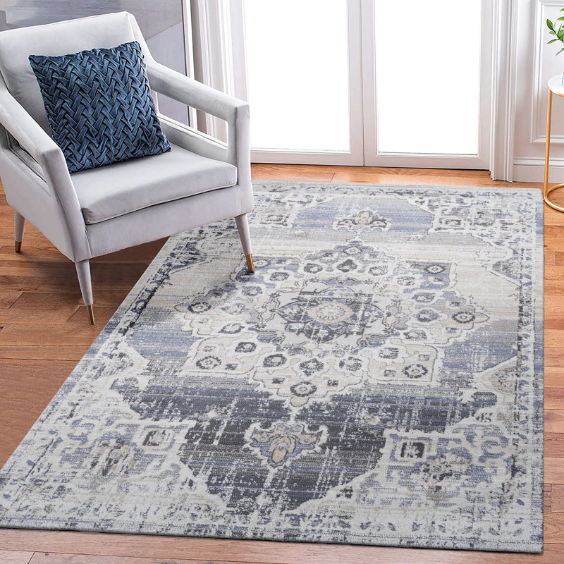 Collection Cream/Blue /Medallion Non-Shedding Living Room Bedroom Dining Home Office Stylish And Stain Resistant Area Rug