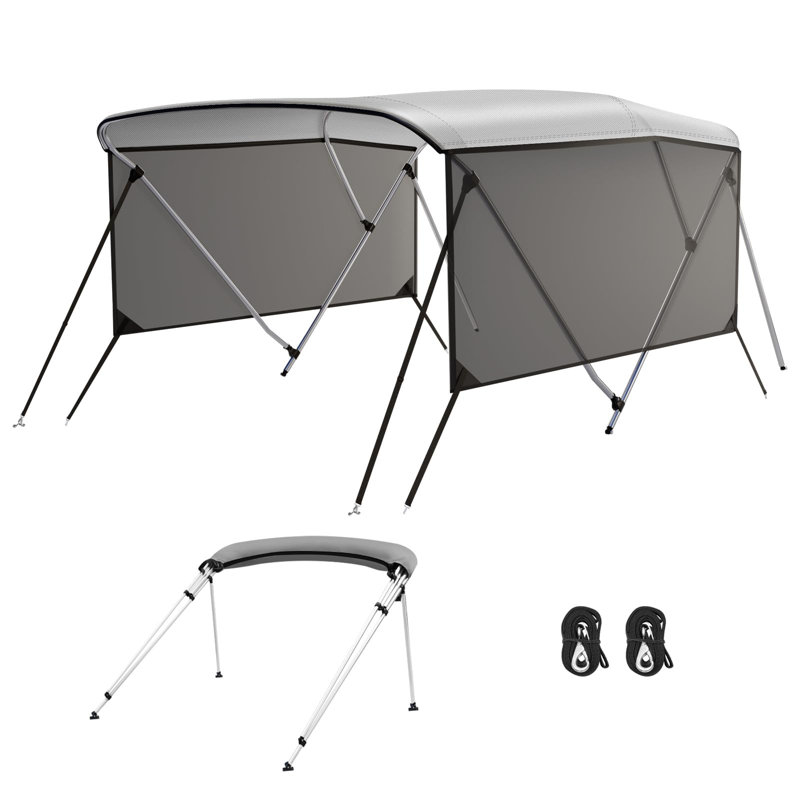 Toit bimini à 3 nœuds avec parois latérales en maille, toile marine avec toile pour bateau, 2 sangles, 2 poteaux de soutien arrière et botte de rangement