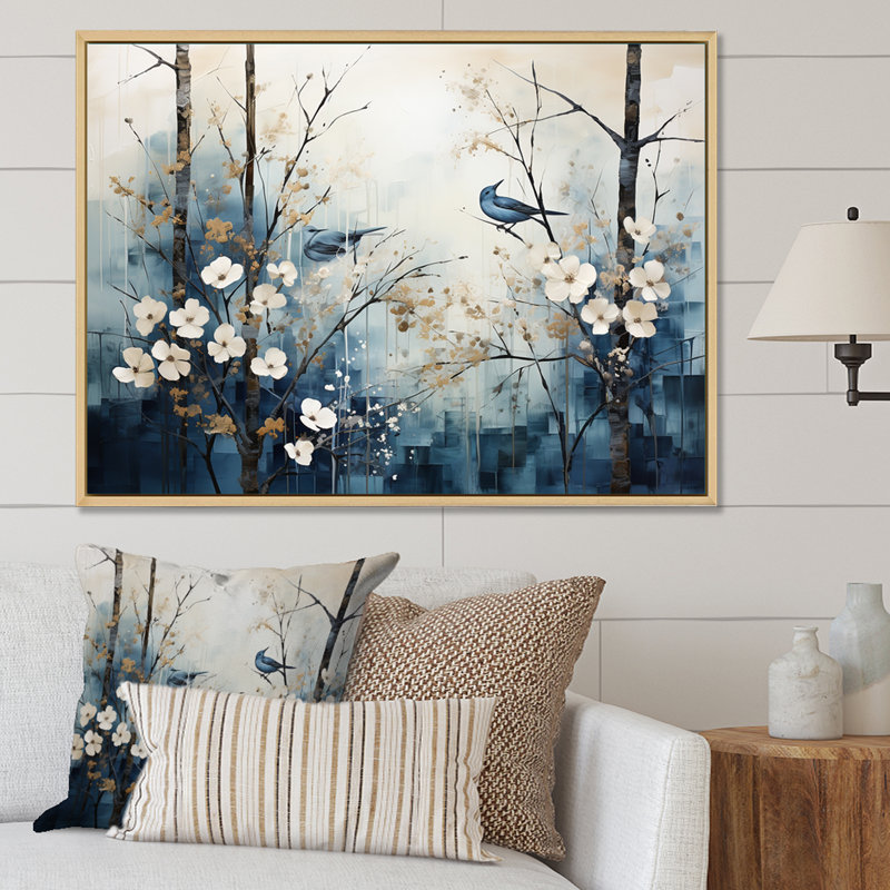 «Blue and White Forest Winter Harmony I», art mural sur toile, H 24 po x l 32 po, Cadre naturel flottant