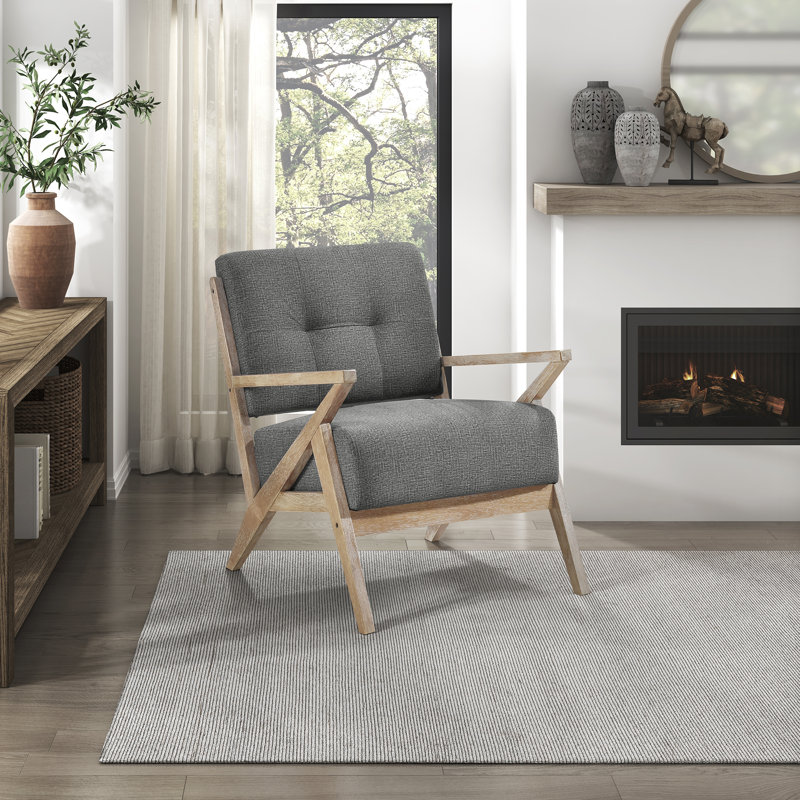 Edengrace 27.5" Mid-Century Modern Accent Chair with Textured Fabric Upholstery, Wire Brushed Antique Natural Finish, Foam over Pocket Coils