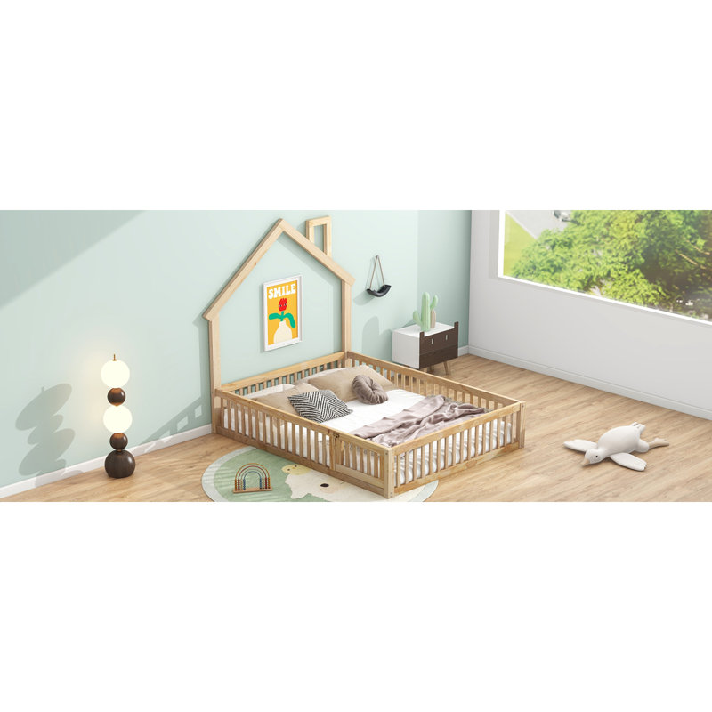 Lit plateforme en bois pleine grandeur avec garde-corps, naturel, Beige