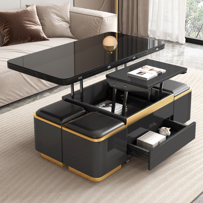 47.24”Modern Lift Top Coffee Table with 4 Stools,Extendable Center Table for Living Room,Dining Room,Office