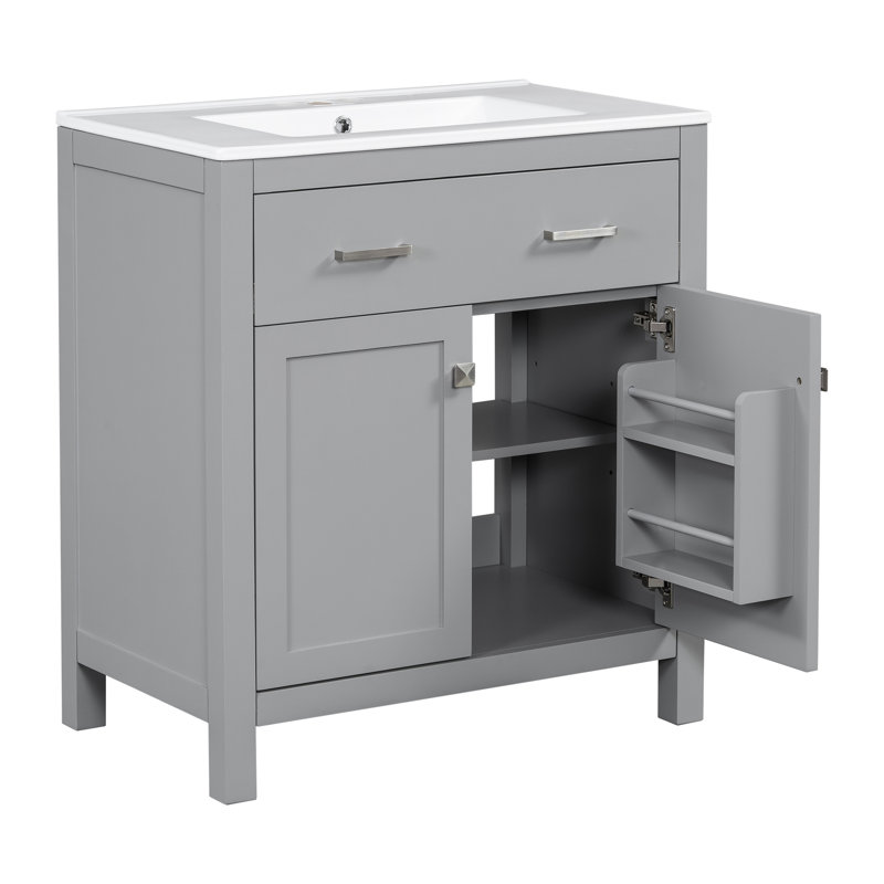 Armoire de salle de bain 60 po en gris avec lavabos doubles en céramique, portes à fermeture douce et tablette en U - meuble-lavabo pratique gris moderne, tablette réglable, fixation à tiroir rabattable