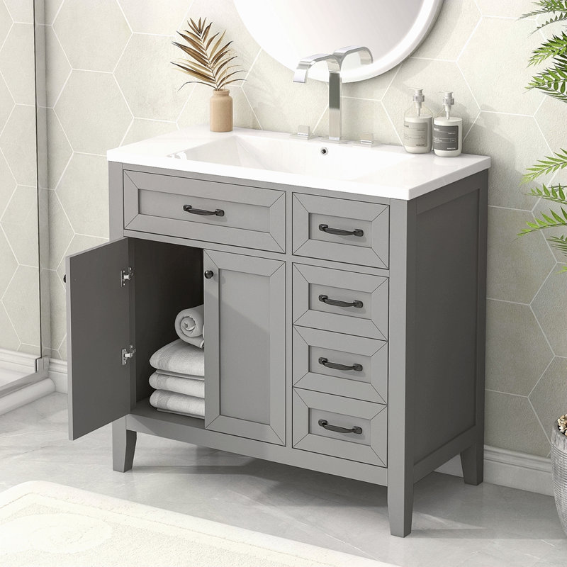 Meuble-lavabo 36 po avec lavabo, armoire de salle de bain avec tiroirs, structure solide et panneau de fibres à densité moyenne