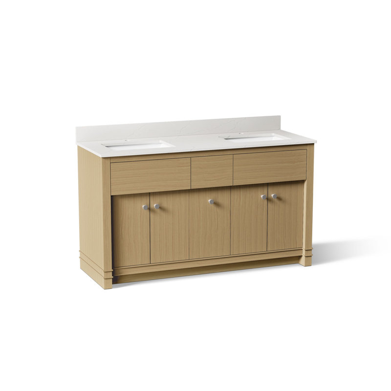 Alouette Bathroom Vanity Cabinet With Sinks And Quartz Top, Light Oak, 60"