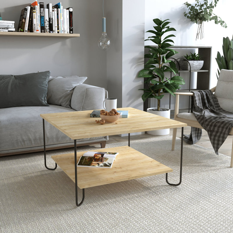 Marvin Coffee Table 4 Legs Coffee Table - Modern Rectangular Coffee Table with Lower Shelf, Oak