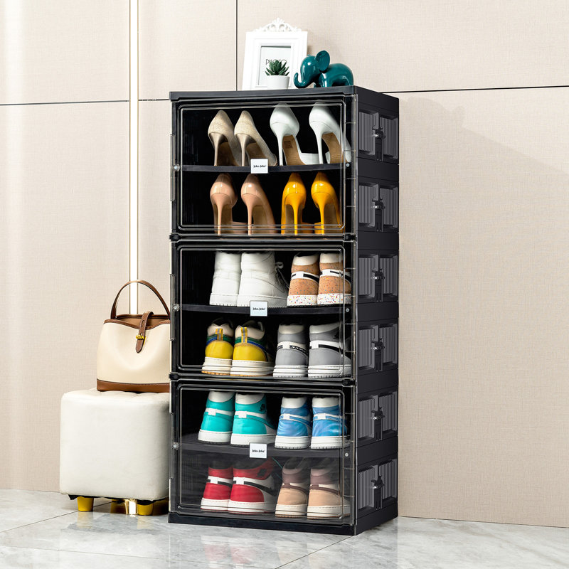 6 Tiers 12 Pairs  Portable Shoe Organizer Storage Boxes With Magnetic Door,Free-Standing Folding Shoe Rack For Closet Entryway Fits Size 12
