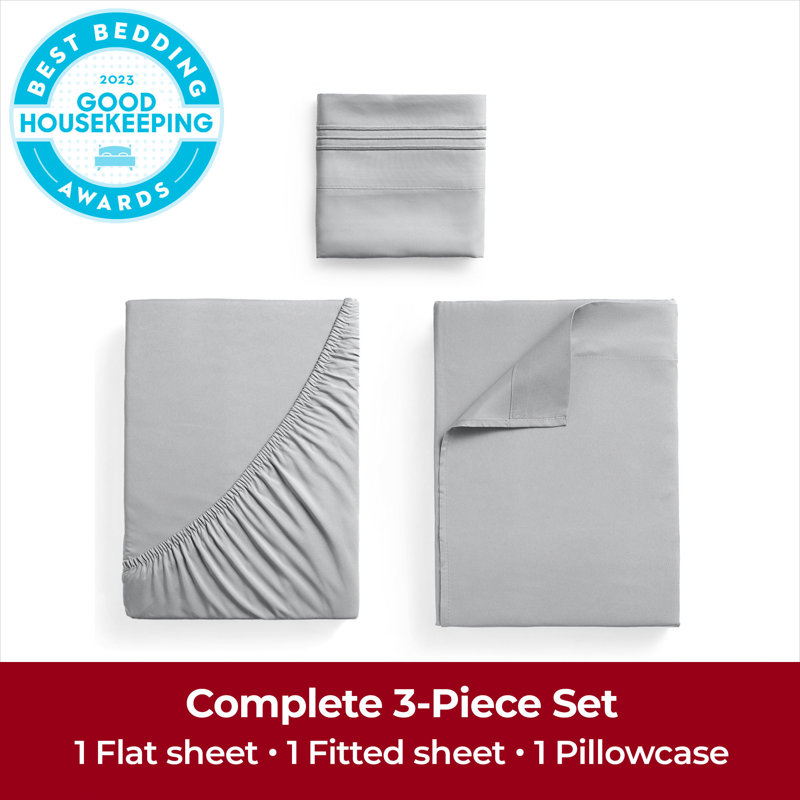 Ensemble de draps Mellanni 1800 avec drap-housse simple TG gris clair, Gris clair