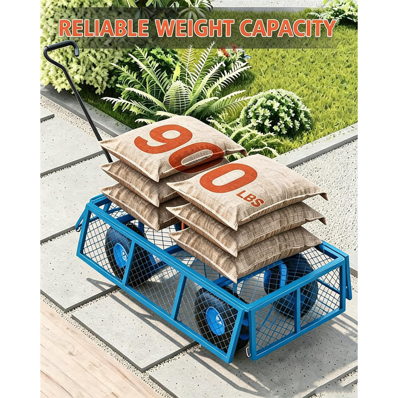 Chariot utilitaire de jardin robuste en acier avec côtés amovibles, poignée de traction flexible et pneus tout-terrain de 25 cm (10 pouces), compatible avec le remorquage pour une utilisation dans la cour, à la ferme et avec un VTT