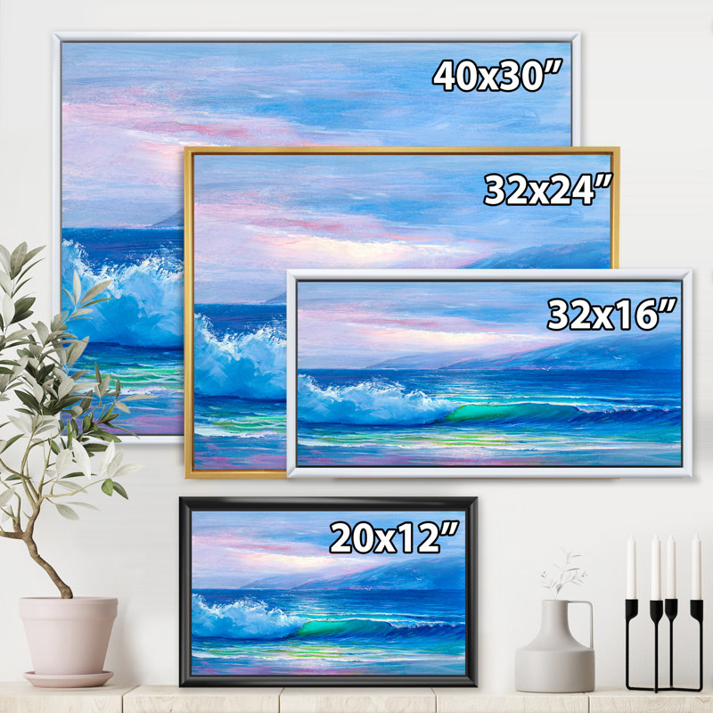 «Blue Waves Breaking At The Beach II», peinture sur toile, H 30 po x l 40 po x 1,5 po, Cadre flottant blanc