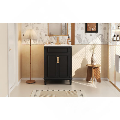 24'' Bathroom Vanity with Top Sink, Modern Bathroom Storage Cabinet with 2 Soft-Closing Doors and Adjustable Shelf, Solid Wood Frame