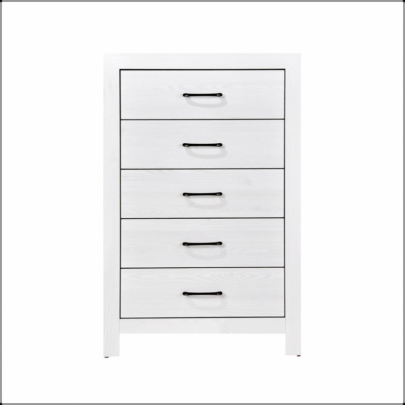 Commode de rangement blanche à 5 tiroirs avec quincaillerie noire, aucun assemblage requis, parfaite pour les chambres à coucher modernes et la vie organisée.