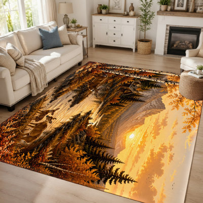 1Pcs Majestic Deer Forest Sunset Landscape Print Carpet, Non-Slip Soft Area Rug, Decorative Floor Mat for Living Room Bedroom Kitchen Office Indoor Use for home detor