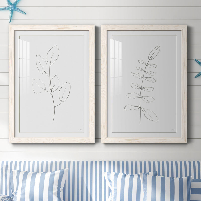 «Botanical Gesture III», ensemble de 2 reproductions de dessins, H 31,5 po x l 47 po x P 1,5 po, Papier encadré blanc, Blanc