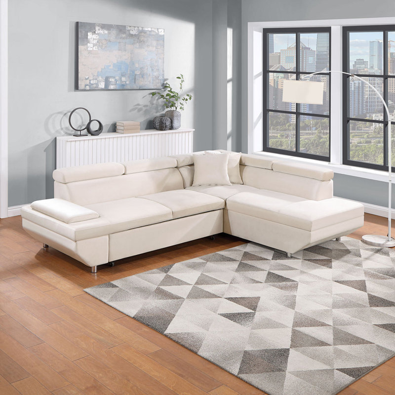 Canapé-lit en velours 75,59 po Louisius, Velours beige, Accoudoir à droite (vu de face), H 23 po x l 76 po x P 37 po