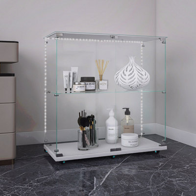 Armoire de rangement à porte en verre trempé - armoire vitrine / vin / classeur, bande lumineuse à DEL Bluetooth, roulettes pivotantes verrouillables
