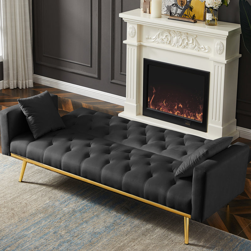 Lit futon convertible noir, Compact Living Essential, velours, 3 positions réglables, pieds en métal, facile à assembler en convertibles