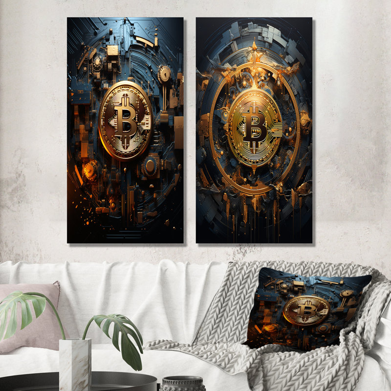 Golden Bitcoin Genesis - ensemble de 2 décorations murales abstraites en métal, H 28 po x l 24 po