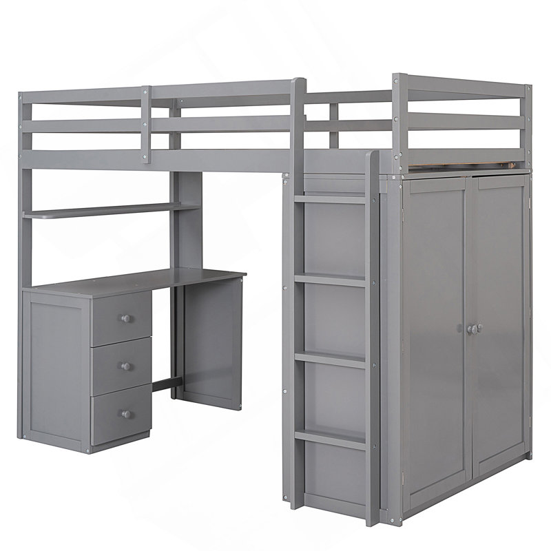 Lit mezzanine avec tiroirs, bureau et garde-robe, Gris, Lit simple