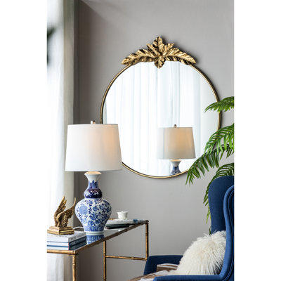 Grand miroir mural rond de 36 po x 41 po avec fonction en métal doré, miroir de lustre doré pour salon