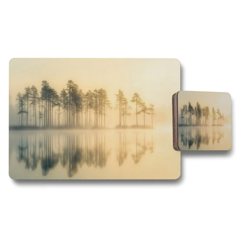 Golden Fog Lake Tree Silhouette Placemat and Coaster Set