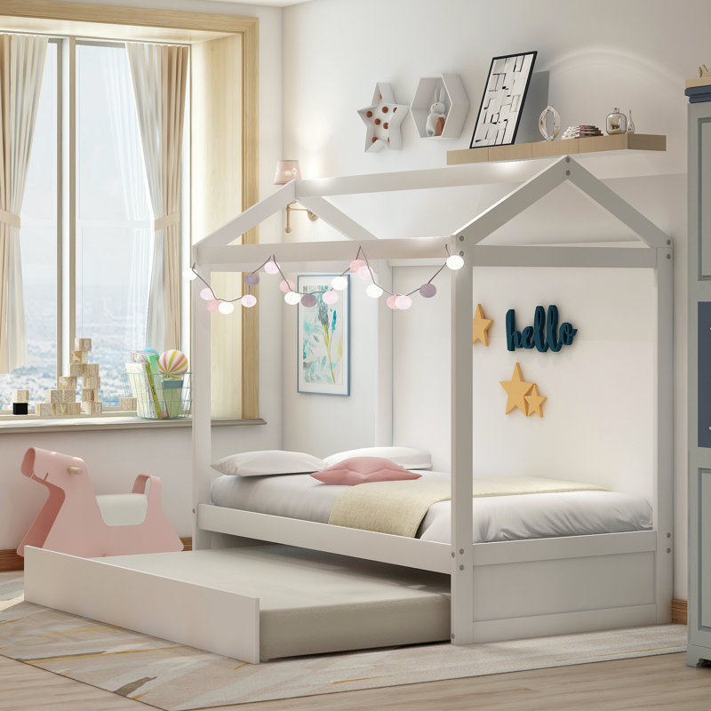 Elric House Bed With Trundle and Customizable Decor Options, White, Twin