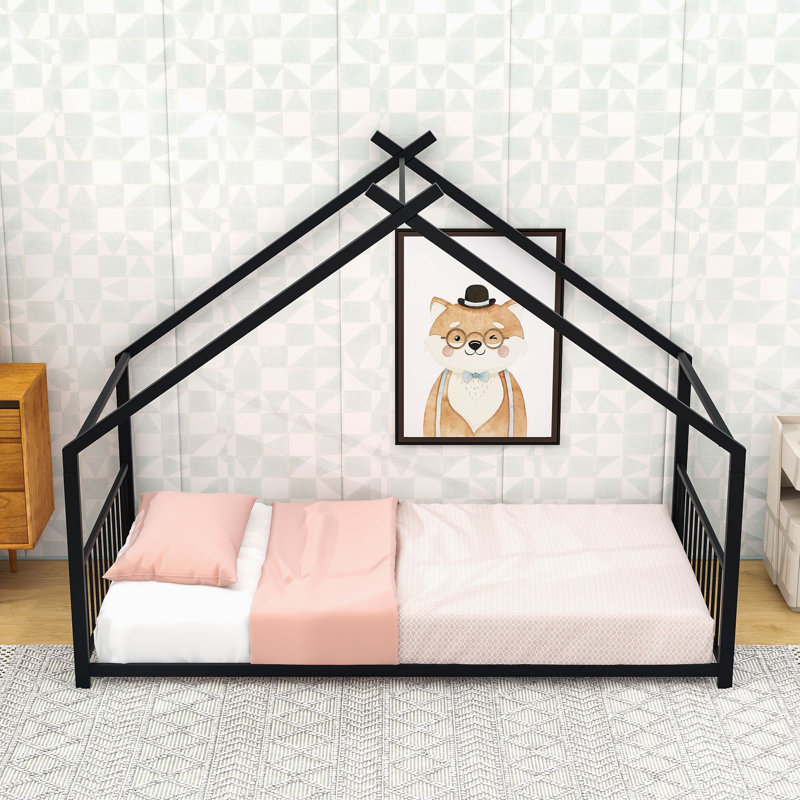 Charming House-Inspired Metal House Bed With Slats, Twin, Black