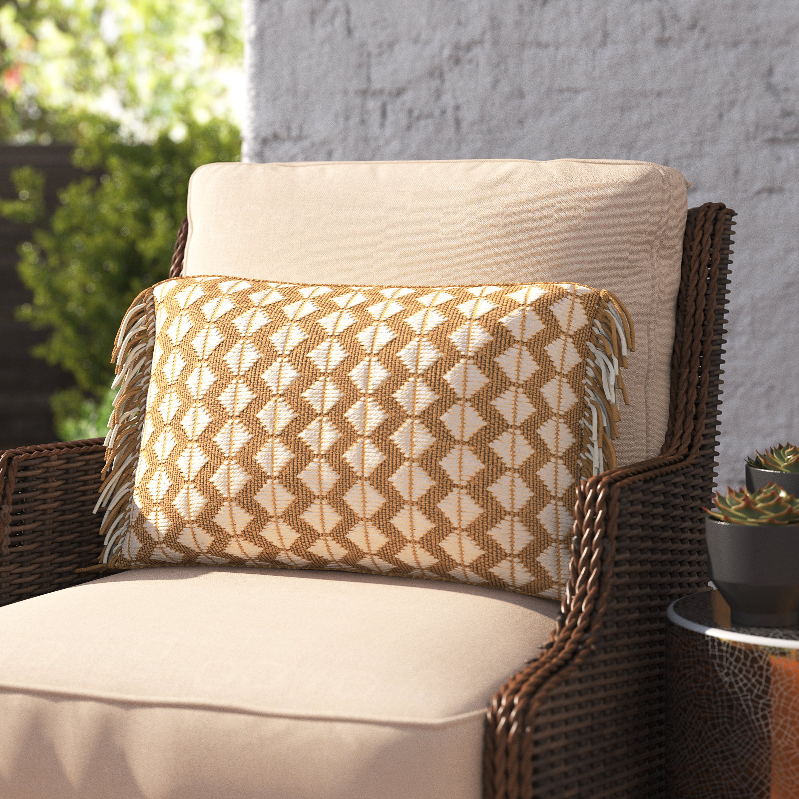 Senda Fringed Indoor/Outdoor Lumbar Throw Pillow, Dark Blue/Ivory, Pillow Cover Only - No Insert