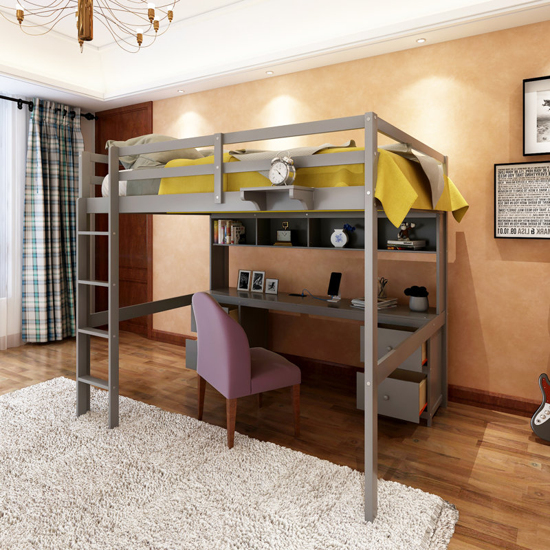Gorga Full Loft Bed with Build-In Desk with Built-In Ladder, Gray